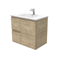 Fienza Edge Scandi Oak 750 Wall Hung Cabinet, Solid Door , With Moulded Basin-Top - Dolce Ceramic Left Hand Drawer