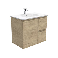 Fienza Edge Scandi Oak 750 Wall Hung Cabinet, Solid Door , With Moulded Basin-Top - Dolce Ceramic Right Hand Drawer