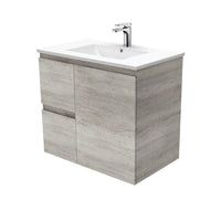Fienza Edge Industrial 750 Wall Hung Cabinet, Solid Door, Bevelled Edge , With Moulded Basin-Top - Dolce Ceramic Left Hand Drawer