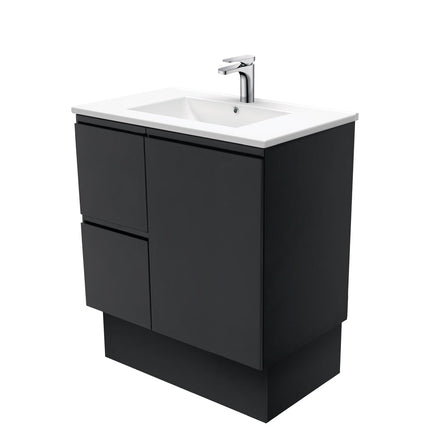 Fienza Fingerpull Satin Black 750 Cabinet on Kickboard , With Moulded Basin-Top - Dolce Ceramic Left Hand Drawer