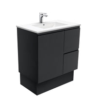 Fienza Fingerpull Satin Black 750 Cabinet on Kickboard , With Moulded Basin-Top - Dolce Ceramic Right Hand Drawer