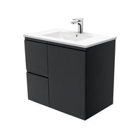 Fienza Fingerpull Satin Black 750 Wall Hung Cabinet, Solid Door , With Moulded Basin-Top - Dolce Ceramic Left Hand Drawer