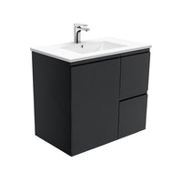 Fienza Fingerpull Satin Black 750 Wall Hung Cabinet, Solid Door , With Moulded Basin-Top - Dolce Ceramic Right Hand Drawer