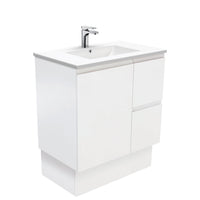 Fienza Fingerpull Satin White 750 Cabinet on Kickboard , With Moulded Basin-Top - Dolce Ceramic Right Hand Drawer