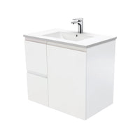 Fienza Fingerpull Satin White 750 Wall Hung Cabinet, Solid Door , With Moulded Basin-Top - Dolce Ceramic Left Hand Drawer