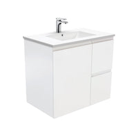 Fienza Fingerpull Satin White 750 Wall Hung Cabinet, Solid Door , With Moulded Basin-Top - Dolce Ceramic Right Hand Drawer