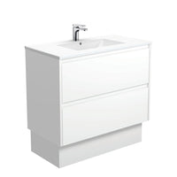 Fienza Amato Satin White 900 Cabinet on Kickboard, Solid Panels, Bevelled Edge , With Moulded Basin-Top - Dolce Ceramic Satin White Panels