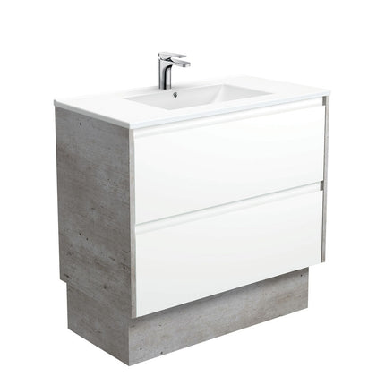 Fienza Amato Satin White 900 Cabinet on Kickboard, Solid Panels, Bevelled Edge , With Moulded Basin-Top - Dolce Ceramic Industrial Panels
