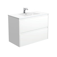 Fienza Amato Satin White 900 Wall Hung Cabinet, 2 Solid Drawers, Bevelled Edge , With Moulded Basin-Top - Dolce Ceramic Satin White Panels