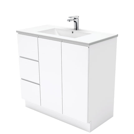 Fienza Fingerpull Gloss White 900 Cabinet on Kickboard , With Moulded Basin-Top - Dolce Ceramic Left Hand Drawer