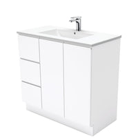 Fienza Fingerpull Gloss White 900 Cabinet on Kickboard , With Moulded Basin-Top - Dolce Ceramic Left Hand Drawer