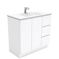 Fienza Fingerpull Gloss White 900 Cabinet on Kickboard , With Moulded Basin-Top - Dolce Ceramic Right Hand Drawer