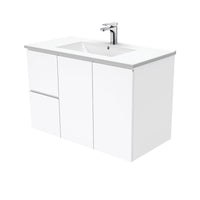 Fienza Fingerpull Gloss White 900 Wall Hung Cabinet, 2 Solid Drawers, Bevelled Edge , With Moulded Basin-Top - Dolce Ceramic Left Hand Drawer