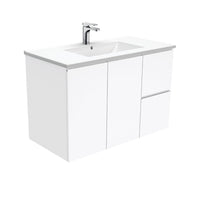 Fienza Fingerpull Gloss White 900 Wall Hung Cabinet, 2 Solid Drawers, Bevelled Edge , With Moulded Basin-Top - Dolce Ceramic Right Hand Drawer