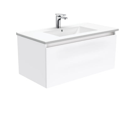 Fienza Manu Gloss White 900 Wall Hung Cabinet, 1 Solid Drawer, 4 Internal Drawers , With Moulded Basin-Top - Dolce Ceramic