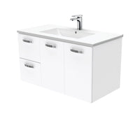 Fienza UniCab Gloss White 900 Wall Hung Cabinet, Solid Doors , With Moulded Basin-Top - Dolce Ceramic Left Hand Drawer
