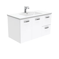 Fienza UniCab Gloss White 900 Wall Hung Cabinet, Solid Doors , With Moulded Basin-Top - Dolce Ceramic Right Hand Drawer