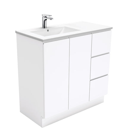 Fienza Dolce 900 Offset Vanity on Kickboard, 5 Colours, 1 Tap Hole , Fingerpull Gloss White Left-Basin