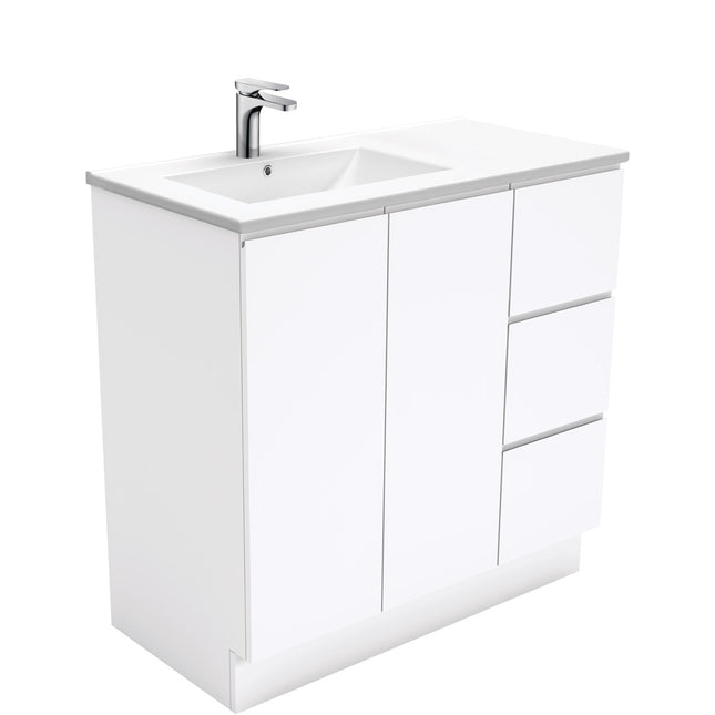 Fienza Dolce 900 Offset Vanity on Kickboard, 5 Colours, 1 Tap Hole , Fingerpull Gloss White Left-Basin