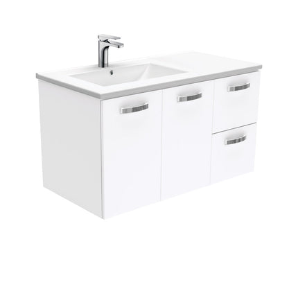 Fienza Dolce 900 Offset Wall Hung Vanity, 5 Colours, Solid Doors , UniCab Gloss White Left-Basin