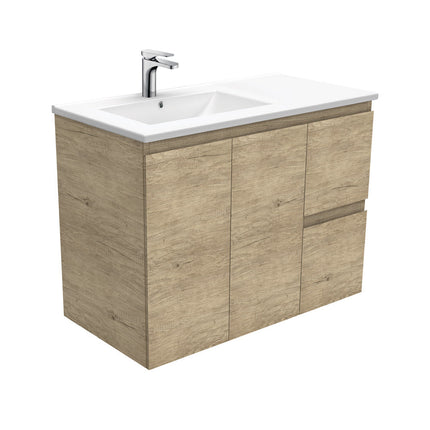 Fienza Dolce 900 Offset Wall Hung Vanity, 5 Colours, Solid Doors , Edge Scandi Oak Left-Basin