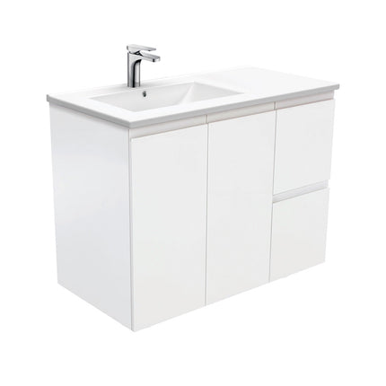 Fienza Dolce 900 Offset Wall Hung Vanity, 5 Colours, Solid Doors , Fingerpull Satin White Left-Basin