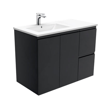Fienza Dolce 900 Offset Wall Hung Vanity, 5 Colours, Solid Doors , Fingerpull Satin Black Left-Basin