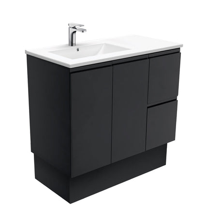 Fienza Dolce 900 Offset Vanity on Kickboard, 5 Colours, 1 Tap Hole , Fingerpull Satin Black Left-Basin
