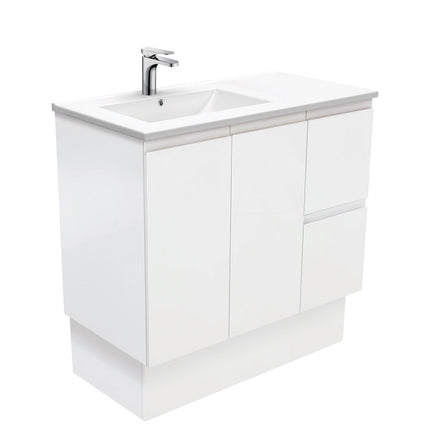 Fienza Dolce 900 Offset Vanity on Kickboard, 5 Colours, 1 Tap Hole , Fingerpull Satin White Left-Basin