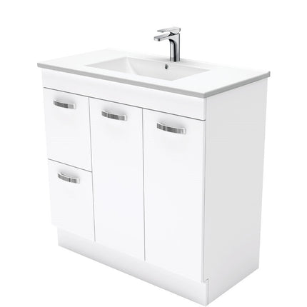 Fienza UniCab Gloss White 900 Cabinet on Kickboard, Solid Doors , With Moulded Basin-Top - Dolce Ceramic Left Hand Drawer