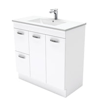 Fienza UniCab Gloss White 900 Cabinet on Kickboard, Solid Doors , With Moulded Basin-Top - Dolce Ceramic Left Hand Drawer