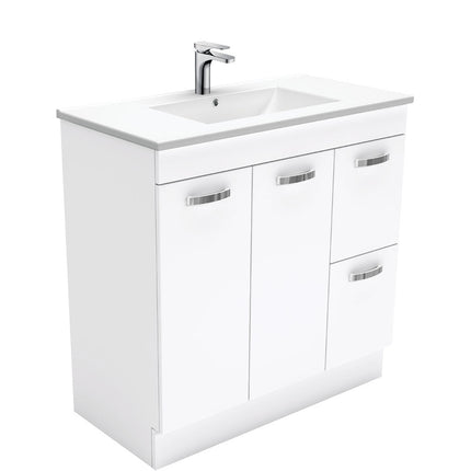 Fienza UniCab Gloss White 900 Cabinet on Kickboard, Solid Doors , With Moulded Basin-Top - Dolce Ceramic Right Hand Drawer