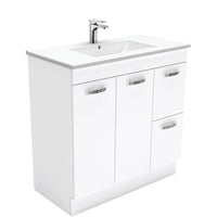 Fienza UniCab Gloss White 900 Cabinet on Kickboard, Solid Doors , With Moulded Basin-Top - Dolce Ceramic Right Hand Drawer