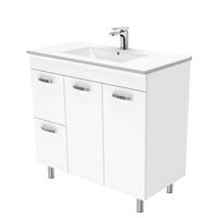 Fienza UniCab 900 Gloss White Cabinet on Legs, Left Hand Drawers, Solid Doors , With Moulded Basin-Top - Dolce Ceramic