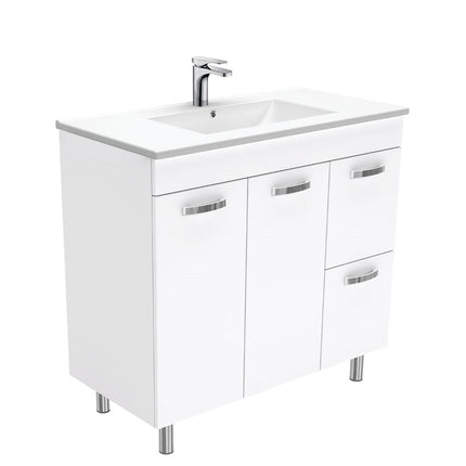 Fienza UniCab 900 Gloss White Cabinet on Legs, Right Hand Drawers, Solid Doors , With Moulded Basin-Top - Dolce Ceramic