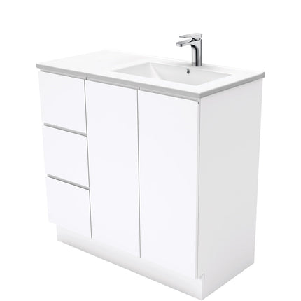 Fienza Dolce 900 Offset Vanity on Kickboard, 5 Colours, 1 Tap Hole , Fingerpull Gloss White Right-Basin