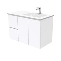 Fienza Dolce 900 Offset Wall Hung Vanity, 5 Colours, Solid Doors , Fingerpull Gloss White Right-Basin