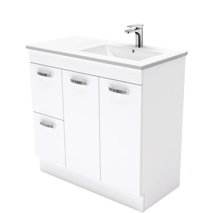 Fienza Dolce 900 Offset Vanity on Kickboard, 5 Colours, 1 Tap Hole , UniCab Gloss White Right-Basin