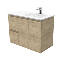 Fienza Dolce 900 Offset Wall Hung Vanity, 5 Colours, Solid Doors , Edge Scandi Oak Right-Basin