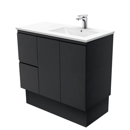 Fienza Dolce 900 Offset Vanity on Kickboard, 5 Colours, 1 Tap Hole , Fingerpull Satin Black Right-Basin