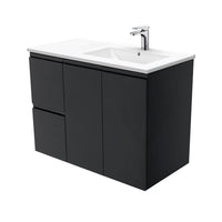 Fienza Dolce 900 Offset Wall Hung Vanity, 5 Colours, Solid Doors , Fingerpull Satin Black Right-Basin