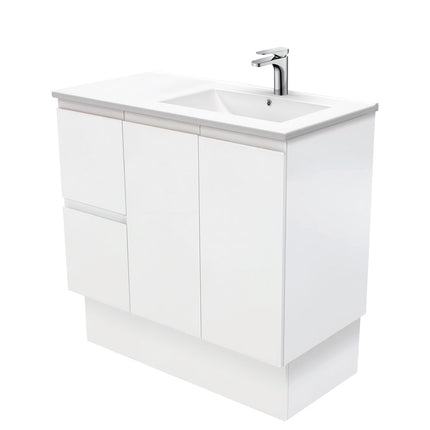Fienza Dolce 900 Offset Vanity on Kickboard, 5 Colours, 1 Tap Hole , Fingerpull Satin White Right-Basin