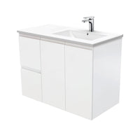 Fienza Dolce 900 Offset Wall Hung Vanity, 5 Colours, Solid Doors , Fingerpull Satin White Right-Basin