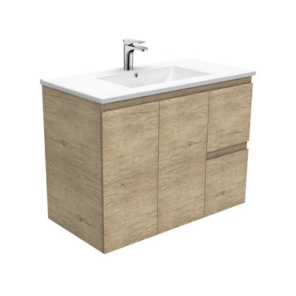 Fienza Edge Scandi Oak 900 Wall Hung Cabinet, Solid Doors, Bevelled Edge , With Moulded Basin-Top - Dolce Ceramic Right Hand Drawer