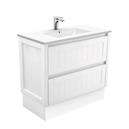 Fienza Hampton Satin White 900 Cabinet on Kickboard, 2 Drawers , With Moulded Basin-Top - Dolce Ceramic