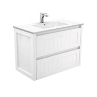 Fienza Hampton Satin White 900 Wall Hung Cabinet, 2 Solid Drawers , With Moulded Basin-Top - Dolce Ceramic