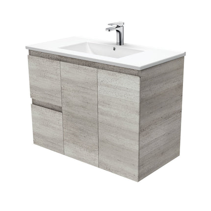 Fienza Edge Industrial 900 Wall Hung Cabinet, Solid Doors, Bevelled Edge , With Moulded Basin-Top - Dolce Ceramic Left Hand Drawer