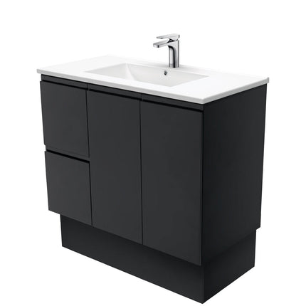 Fienza Fingerpull Satin Black 900 Cabinet on Kickboard, Solid Doors , With Moulded Basin-Top - Dolce Ceramic Left Hand Drawer