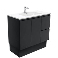 Fienza Fingerpull Satin Black 900 Cabinet on Kickboard, Solid Doors , With Moulded Basin-Top - Dolce Ceramic Right Hand Drawer