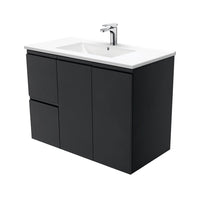 Fienza Fingerpull Satin Black 900 Wall Hung Cabinet, Solid Doors , With Moulded Basin-Top - Dolce Ceramic Left Hand Drawer
